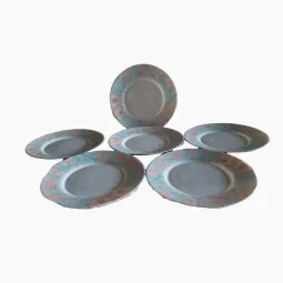 Assiettes plates Arcopal blanches motifs rose et bleu