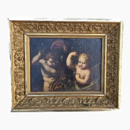 Huile sur toile chérubins dans cadre doré XIXème