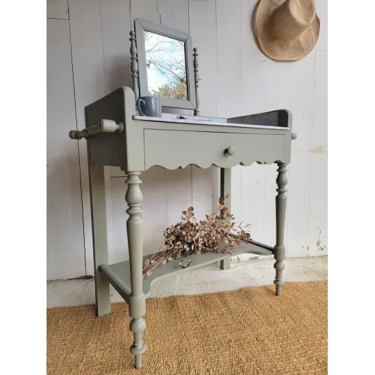 Coiffeuse ancienne en bois avec miroir et plateau en marbre