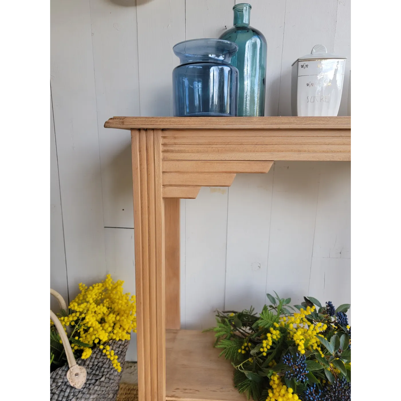 meuble console ancien art déco en bois brut