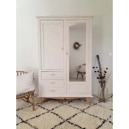 armoire vintage beige pieds compas miroir tiroir étagères penderie