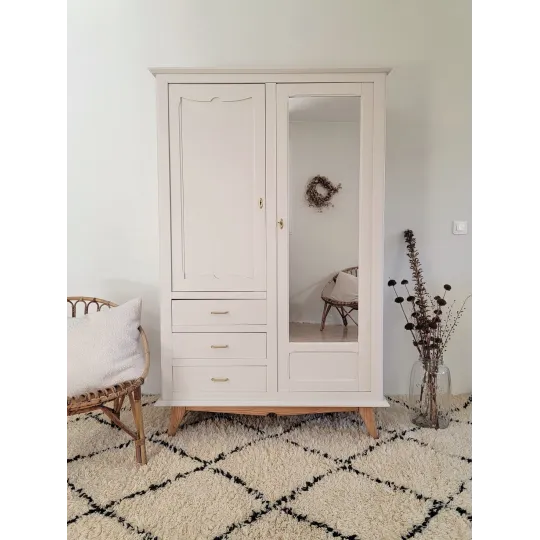 armoire vintage beige pieds compas miroir tiroir étagères penderie