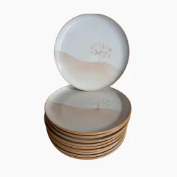 8 assiettes dessert céramique beige/écru fond végétal, Montgolfier France - vintage